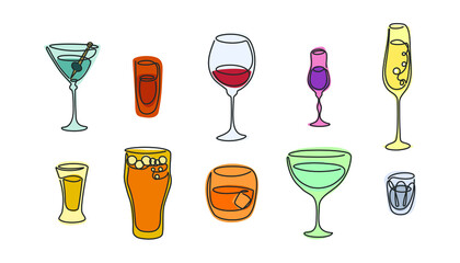 One line drawing martini rum red wine liquor champagne tequila beer whiskey vermouth vodka glass in set. Cartoon graphic sketch. Continuous line way. Hand drawn party drinks concept. Freehand drawing