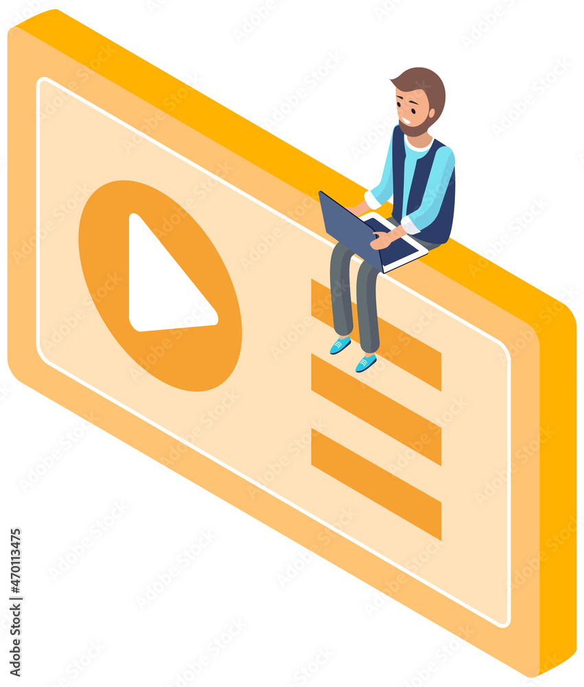Poster program for watching movie, digital information development. man sitting on video player button, wat
