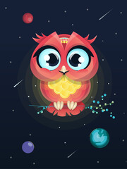Fototapeta premium Сolor illustration of pink owl in space. Idea for a book, article, postcard.