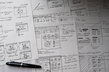 User experience design wireframes of IT product. Hand drawn projects. Brainstorming. Sketch of...