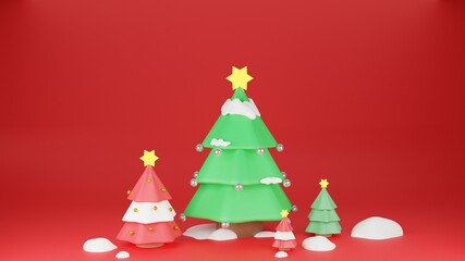 3d illustration of the group of 4 Christmas trees, in various size, decorated with silver ball, golden ball and snow on plain red background.
