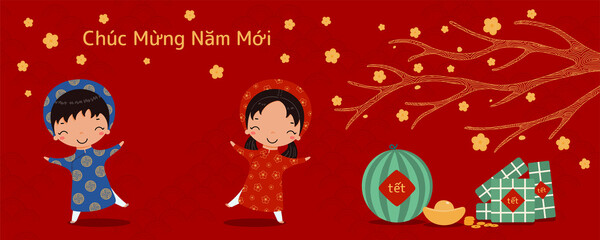 2022 Lunar New Year Tet cute kids in ao dai, rice cakes, watermelon, gold, apricot flowers, Vietnamese text Happy New Year. Hand drawn vector illustration. Flat style design. Holiday banner concept