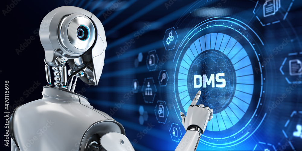 Poster dms document management system business process automation rpa concept. robot pressing button on scr