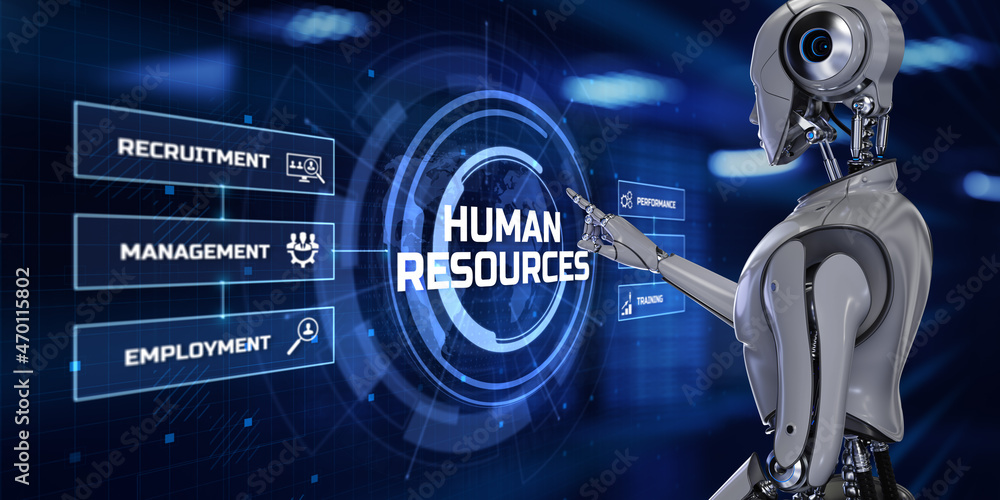 Poster hr human resources automation rpa. robot pressing button on screen 3d render.