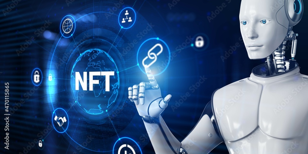 Poster nft non-fungible token crypto art investment. robot pressing virtual button 3d render illustration.