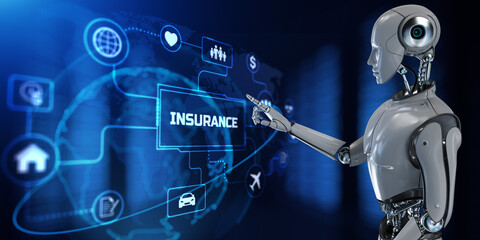 Insurance automation insurtech. Robot pressing button 3d render.