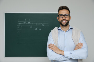 Teacher near green chalkboard with music notes in classroom