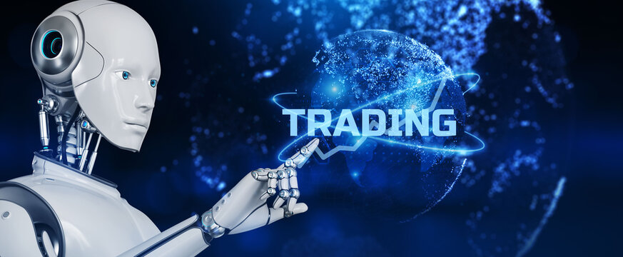 Forex trading automated. Robot pressing virtual button 3d render illustration.