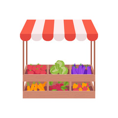 Marketplace or counter with vegetables, greengrocer's shop with awning.Place for selling food products on local farmer's market.Vector illustration cartoon flat style.