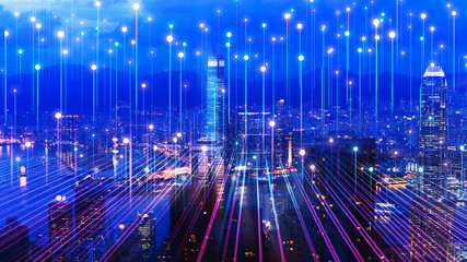 Big data connection technology. Smart city and digital transformation.Telecommunication  and communication network concept.