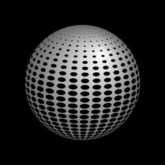 3D spherical shape with geometric pattern on black background.