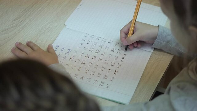 The child learns to write numbers in a notebook in a cage with a ballpoint pen. Close-up of a pupil's school notebook