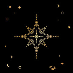 Gold wind rose compass, outline logotype. Tarot design, esoteric navigation. Vector illustration.