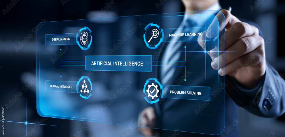 Poster ai artificial intelligence neural network machine learning modern technology concept. businessman pr