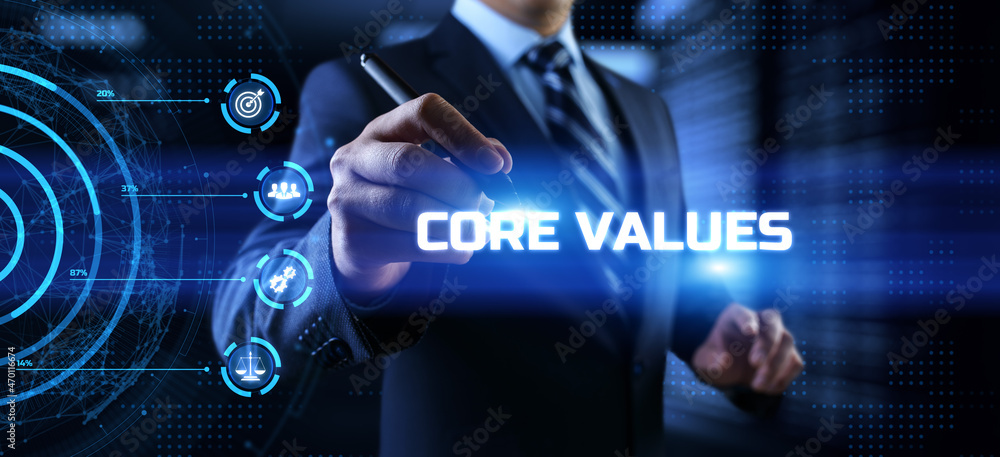 Poster core values responsibility innovation. businessman pressing button on screen.