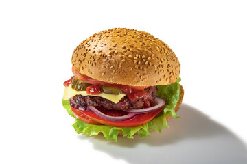 Fresh, tasty, juicy burger, hamburger isolated on white background with shadow. Concept of worldwide national cuisines