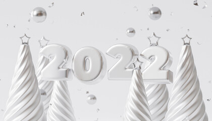 Christmas or New Year holidays background, silver 2022 letter, confetti and fir-tree with star, 3d render