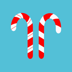 Vector illustration of candy cane sweet stick. Christmas or New Year festive flat icons. White cane with red stripes and line isolated on blue. Gift, greeting card print template.