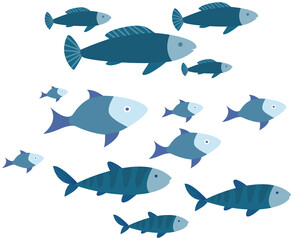 Set of small and large blue marine fish swim on white background. Cartoon nautical characters live in ocean. Wild nature of aquatic environment. Underwater animal life, fingerling, school of sea fish