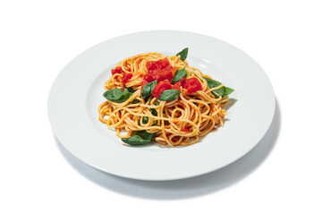 Italian food. Plate with delicious pasta with tomatoes and basil leaves isolated on white background. Concept of worldwide national cuisines