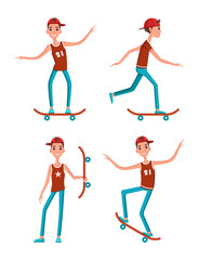 Fototapeta na wymiar Cheerful teen on skateboard, vector icons group, illustrations with boy in red sleeveless short, jeans and cap, skateboarding process, blue wheels