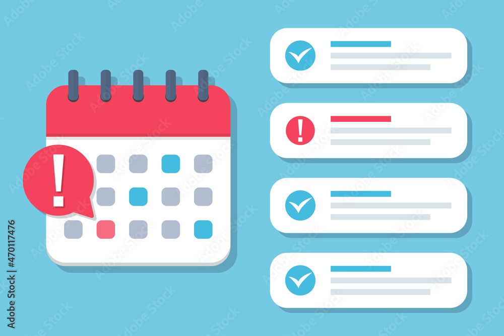 Aufkleber calendar deadline with a list of completed cases and unfulfilled in a flat design