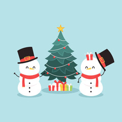 Snowman character design. Snowman vector illustration on blue background