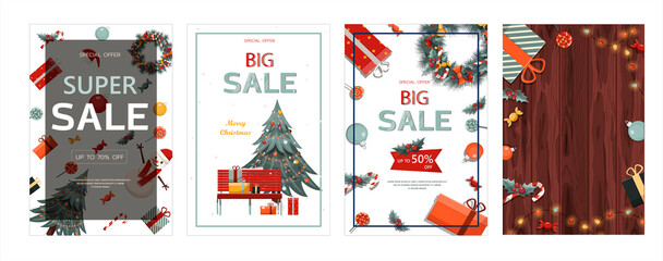 Set of flat vector banners Big Christmas sale. Cartoon Christmas template with festive decorations and food. New Year s card with a Christmas wreath, toys and garlands. Background for postcards and