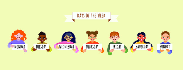 Cute kids holding cards saying days of the week illustration. Monday, Tuesday, Wednesday, Thursday, Friday, Saturday, Sunday.