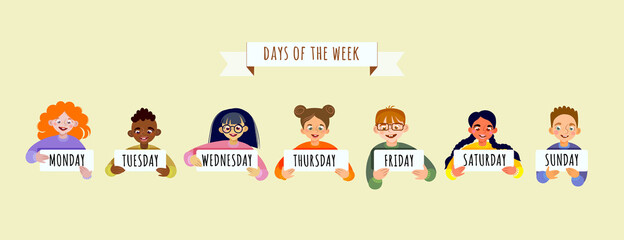Cute kids holding cards saying days of the week illustration. Monday, Tuesday, Wednesday, Thursday, Friday, Saturday, Sunday.