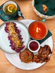 Complex lunch in a cafe