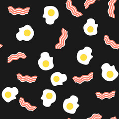 seamless pattern with fried eggs and bacon on black background