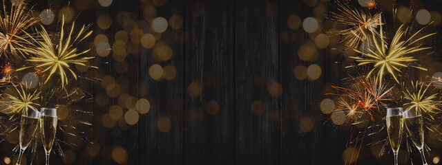 HAPPY NEW YEAR 2025- Festive silvester background panorama banner long - Golden yellow fireworks,...