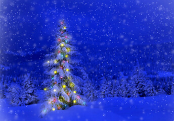 Christmas tree illuminated colored light in winter fir forest covered of snow in mountains at night during snowfall with copy space