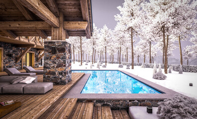 3d rendering of modern cozy chalet with pool and parking for sale or rent. Beautiful forest mountains on background. Massive timber beams columns. Cool winter evening with cozy light from windows
