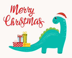 Christmas card with cute dinosaur in Santa Claus hat with gifts on his tail. Merry Christmas.