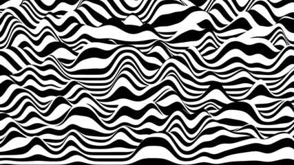 Trendy 3D black and white stripes distorted backdrop. Procedural ripple background with optical illusion effect