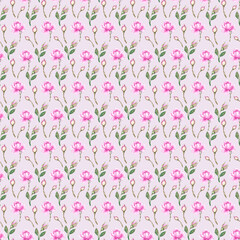 Watercolor pattern with roses, buds on a pink background