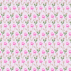 Watercolor pattern with roses, buds on a pink background