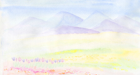 Landscape with mountains and fields. Watercolor illustration.