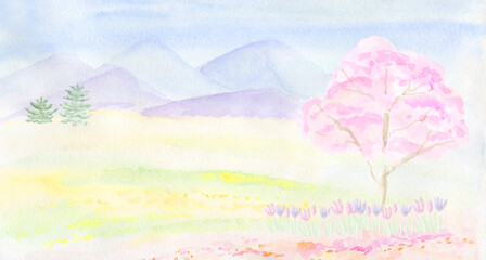 Landscape with mountains and fields. Watercolor illustration.