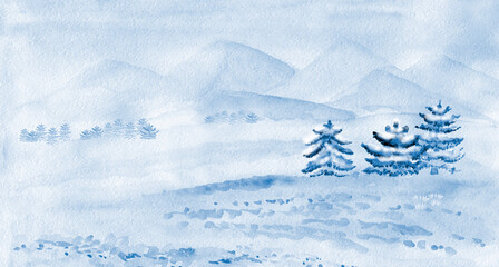 Winter landscape with mountains, fields, firs. Watercolor illustration.