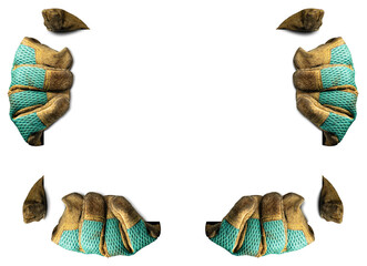 Group of four hands with green and yellow protective work gloves holding a blank banner, isolated...