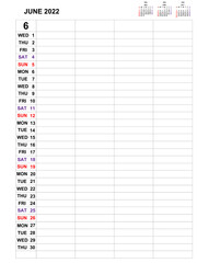 June 2022 , Calendar template design for Business monthly planner and notes. Week starts on Sunday , Monthly planner for 2021 year and Stationery vector design.