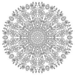 Mandala is a coloring book for relaxation and rest. Monochrome round pattern from abstract elements.