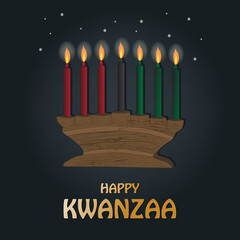 Happy Kwanzaa background. African American cultures festival. 7 candles of traditional colors. Ethnic patterns on the background. Vector illustration