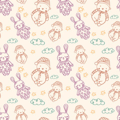 Seamless pattern with cute rabbits and bears