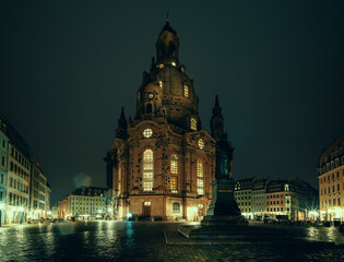 Frauenkirche and Martin Luther monument in Dresden at night