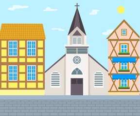 Old Catholic Church isolated. Cartoon vector classic cathedral illustration. Religious building in style of ancient architecture, traditional prayer house with cross on roof