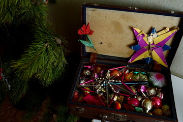 Antique Christmas tree glass toys in an old suitcase, 50s of the 20th century, Russia